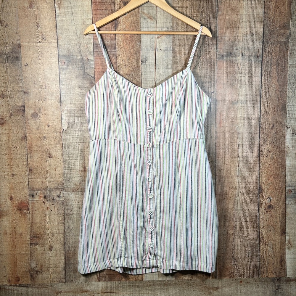 Forever 21 White Rainbow Striped Linen Blend Button Mini Dress Plus Size 2X Boho